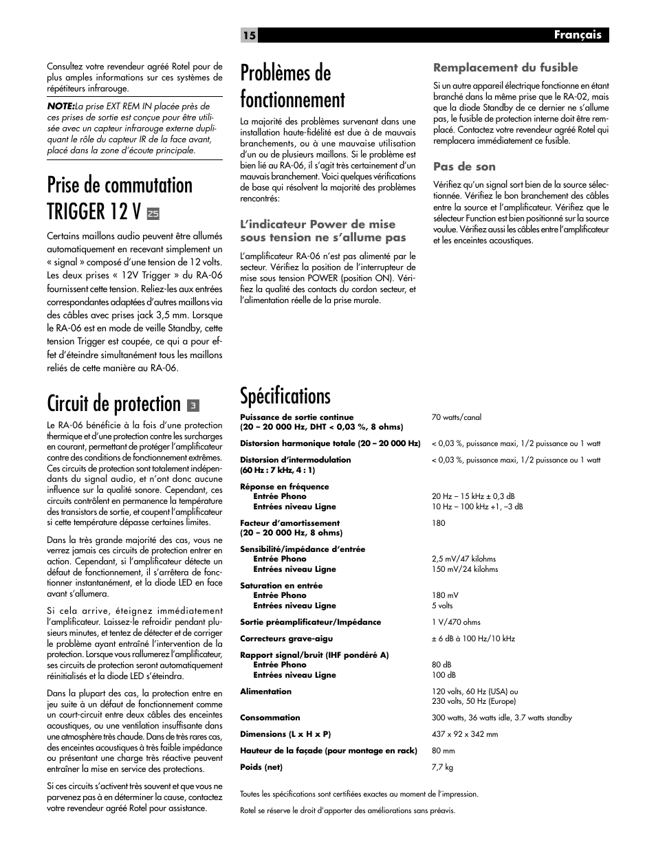 Prise de commutation trigger 12 v, Circuit de protection, Problèmes de fonctionnement | Spécifi cations, Remplacement du fusible, Pas de son, Français | ROTEL RA-06 User Manual | Page 15 / 56