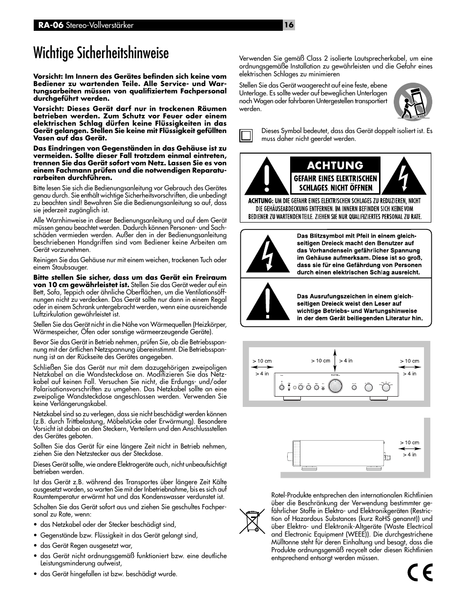 Wichtige sicherheitshinweise | ROTEL RA-06 User Manual | Page 16 / 56