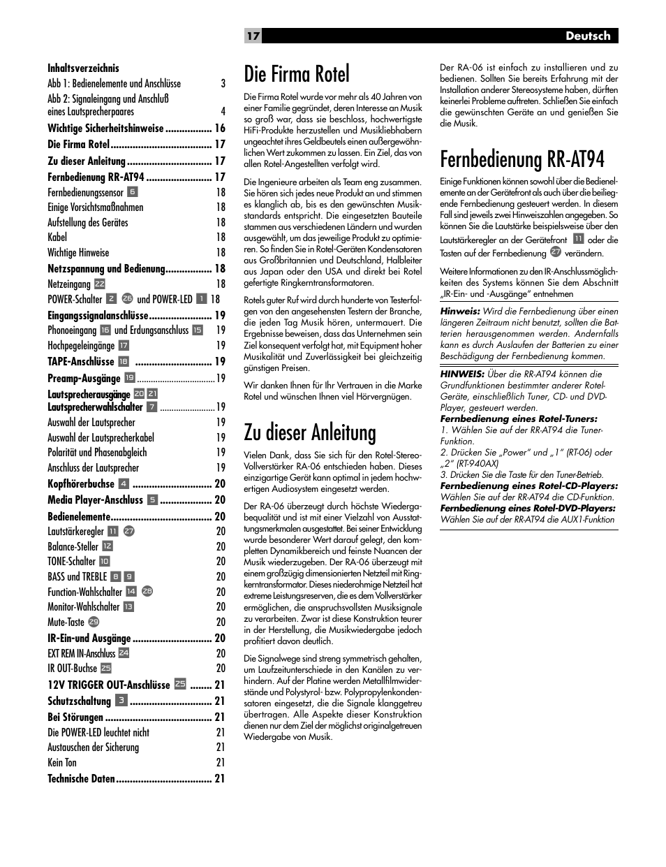 Die firma rotel, Zu dieser anleitung, Fernbedienung rr-at94 | ROTEL RA-06 User Manual | Page 17 / 56