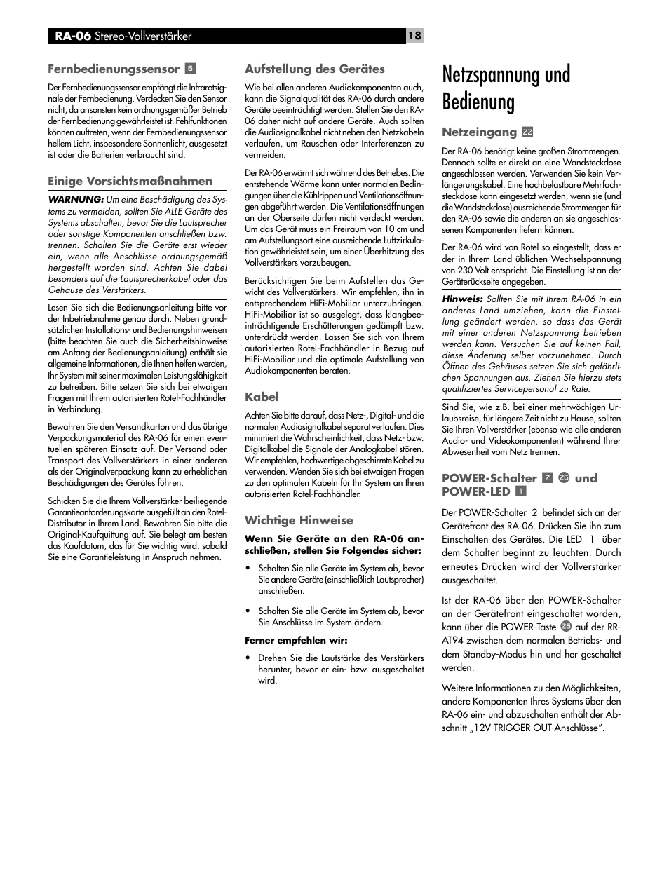 Netzspannung und bedienung | ROTEL RA-06 User Manual | Page 18 / 56