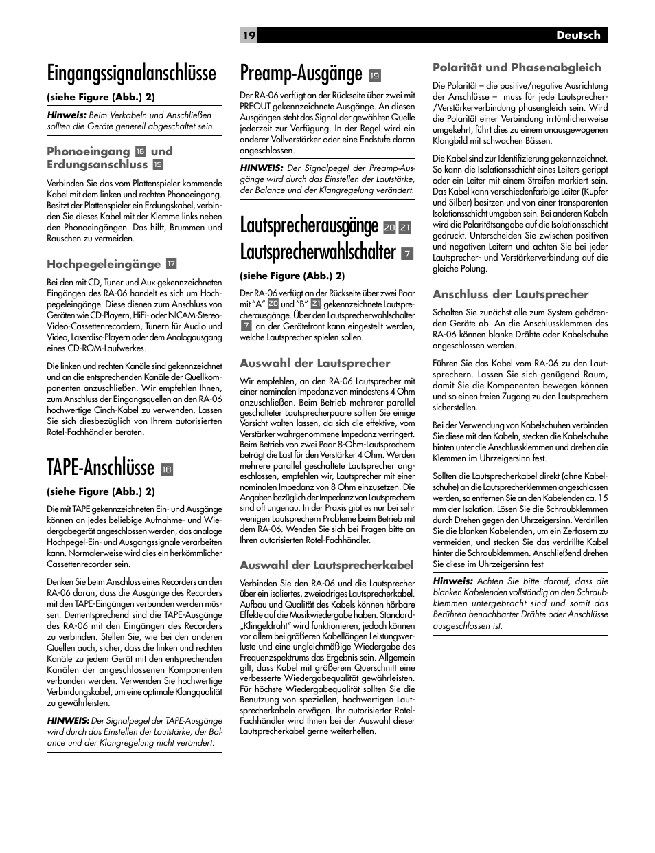 Eingangssignalanschlüsse, Tape-anschlüsse, Preamp-ausgänge | Lautsprecherausgänge, Lautsprecherwahlschalter | ROTEL RA-06 User Manual | Page 19 / 56