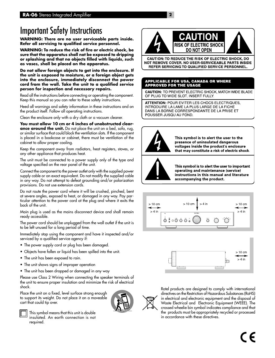 Important safety instructions | ROTEL RA-06 User Manual | Page 2 / 56