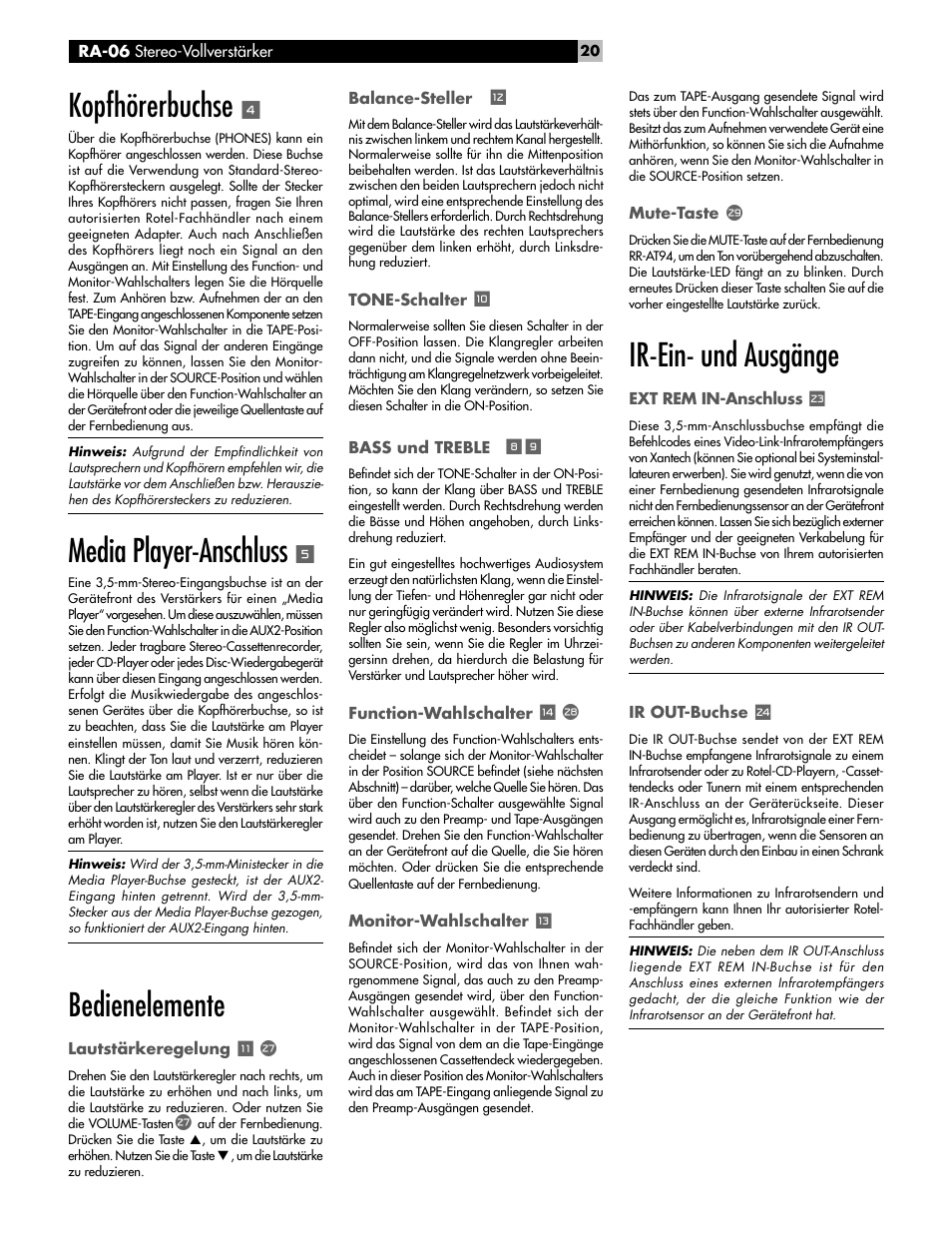 Kopfhörerbuchse, Media player-anschluss, Bedienelemente | Ir-ein- und ausgänge | ROTEL RA-06 User Manual | Page 20 / 56