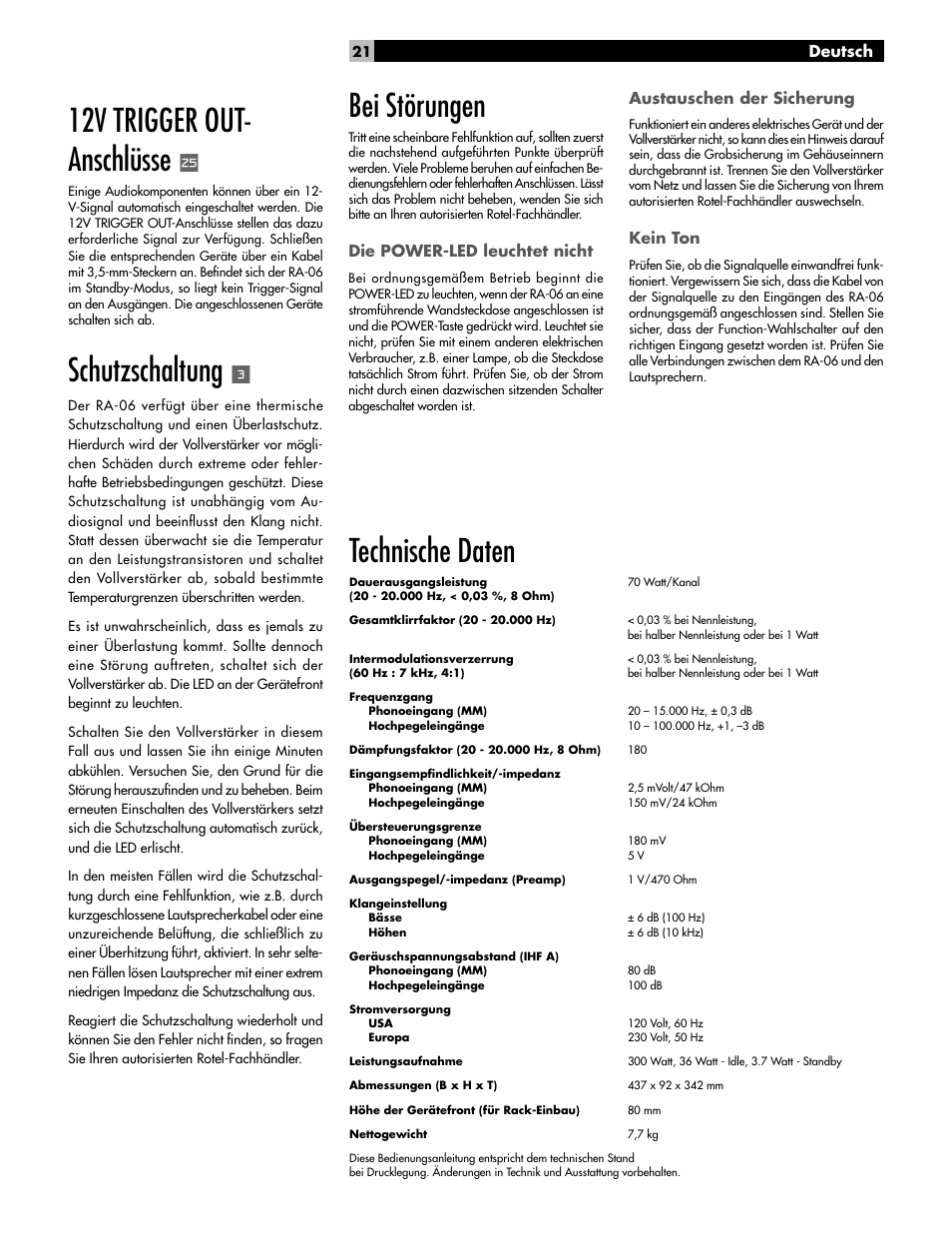 12v trigger out- anschlüsse, Schutzschaltung, Technische daten | Bei störungen | ROTEL RA-06 User Manual | Page 21 / 56