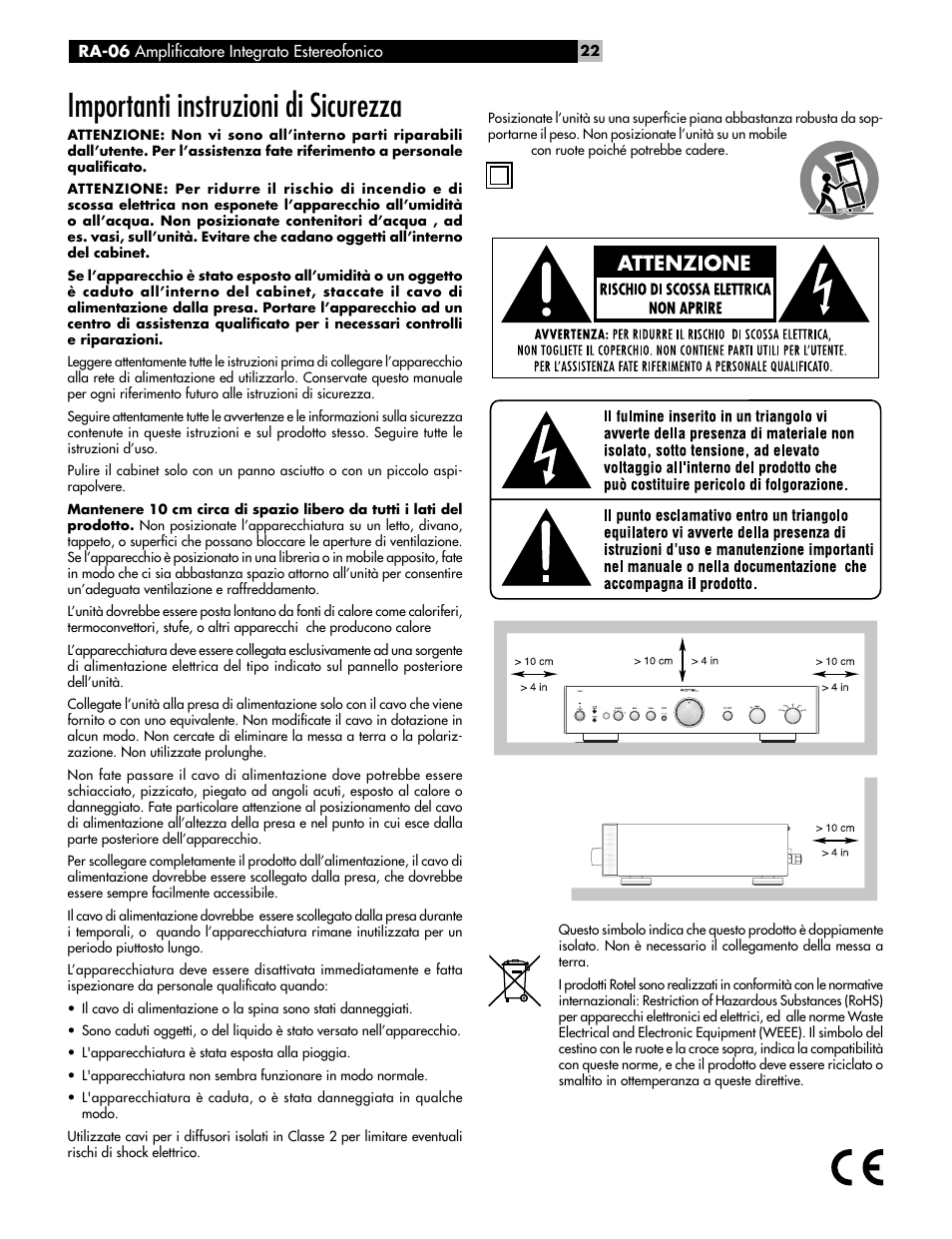 Importanti instruzioni di sicurezza | ROTEL RA-06 User Manual | Page 22 / 56