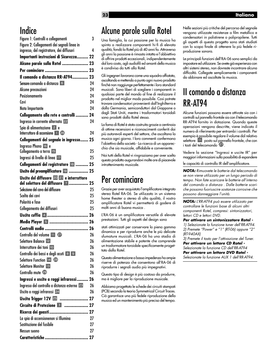 Alcune parole sulla rotel, Per cominciare, Ii comando a distanza rr-at94 | Indice | ROTEL RA-06 User Manual | Page 23 / 56