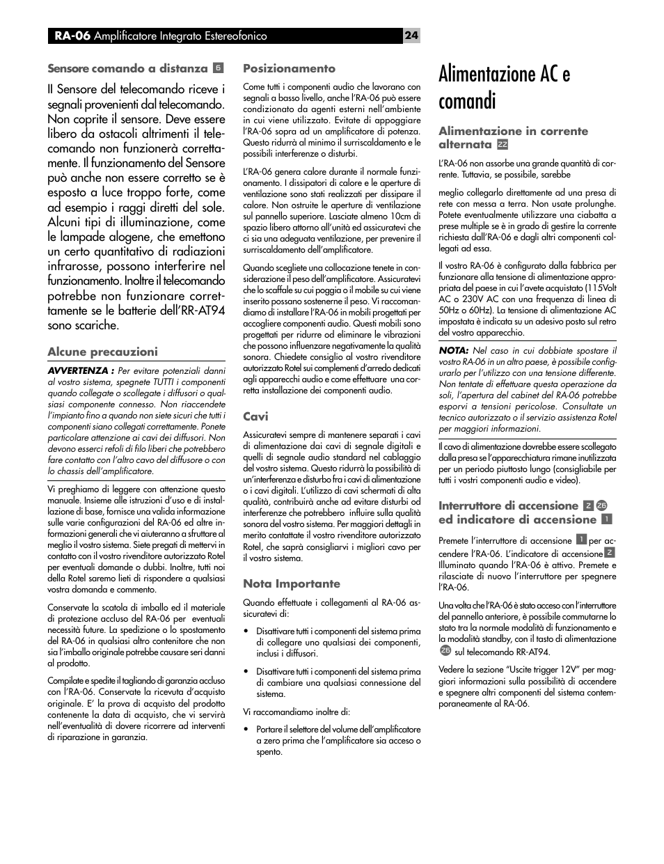 Alimentazione ac e comandi | ROTEL RA-06 User Manual | Page 24 / 56