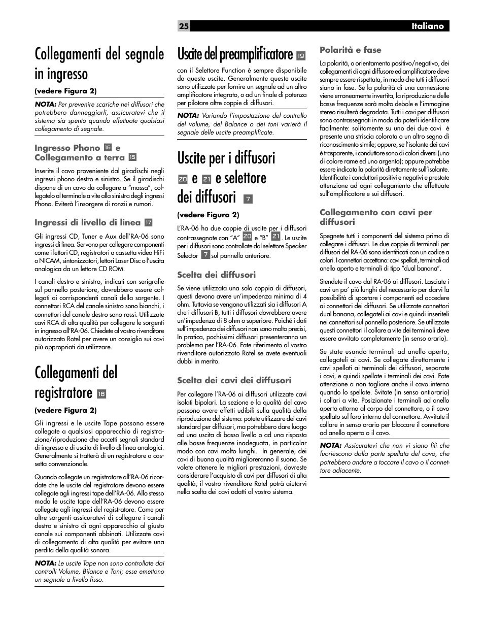 Collegamenti del segnale in ingresso, Collegamenti del registratore, Uscite del preamplifi catore | Uscite per i diffusori, E selettore dei diffusori | ROTEL RA-06 User Manual | Page 25 / 56