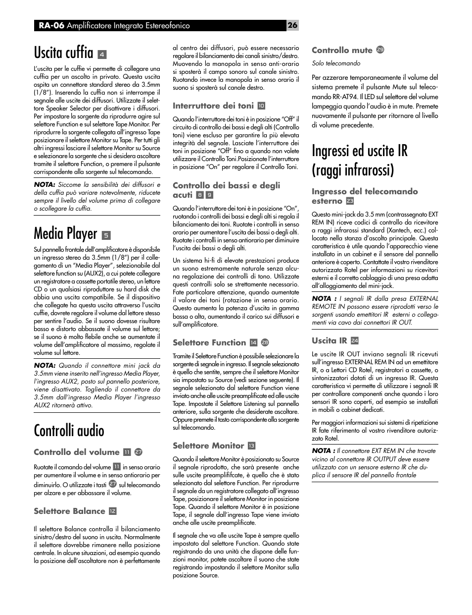 Uscita cuffi a, Media player, Controlli audio | Ingressi ed uscite ir (raggi infrarossi) | ROTEL RA-06 User Manual | Page 26 / 56