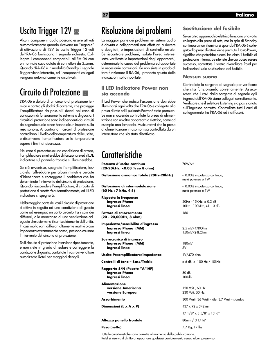 Uscita trigger 12v, Circuito di protezione, Risoluzione dei problemi | Caratteristiche | ROTEL RA-06 User Manual | Page 27 / 56