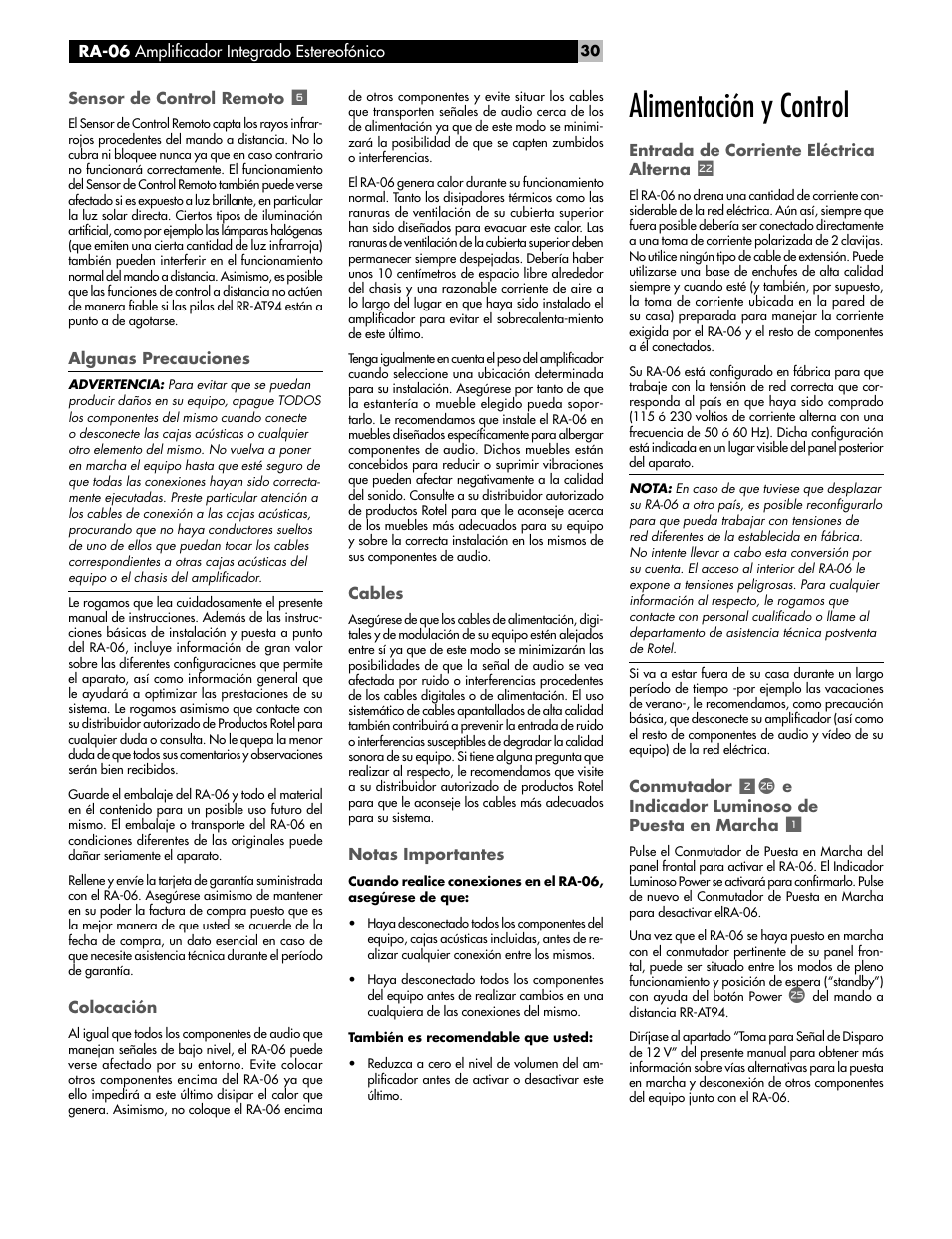 Alimentación y control | ROTEL RA-06 User Manual | Page 30 / 56