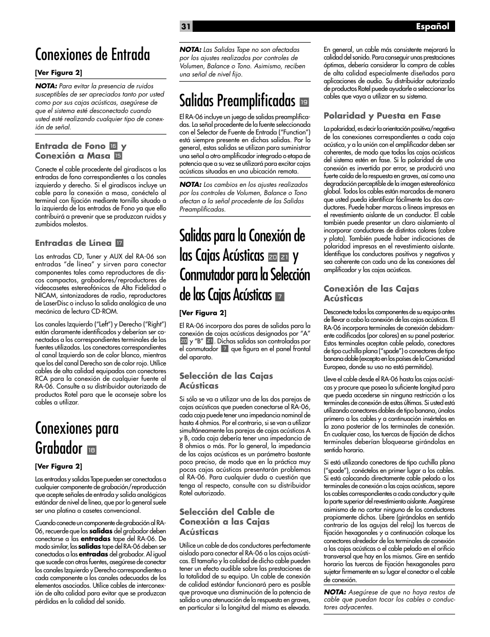 Conexiones de entrada, Conexiones para grabador, Salidas preamplifi cadas | Salidas para la conexión de las cajas acústicas | ROTEL RA-06 User Manual | Page 31 / 56