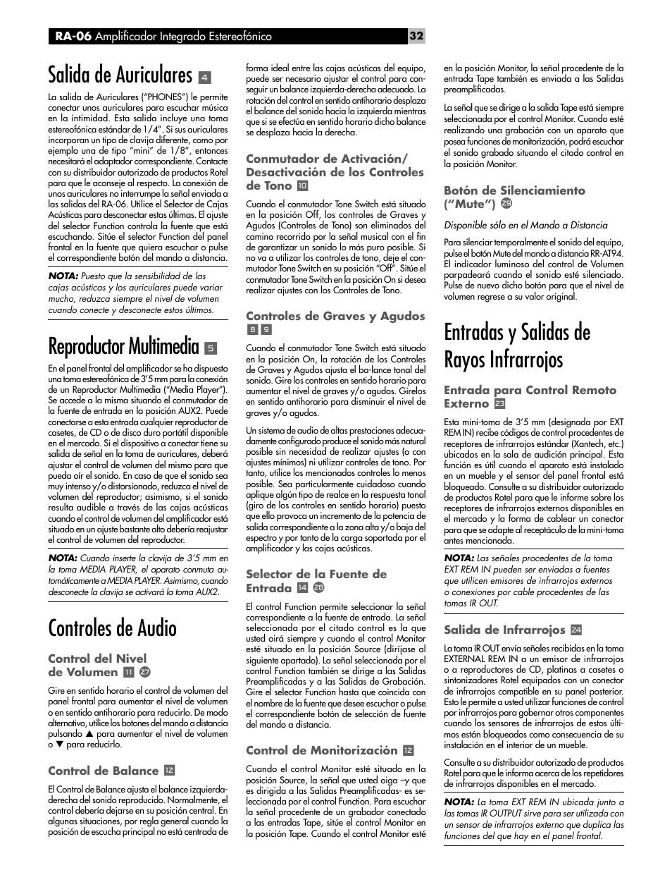 Salida de auriculares, Reproductor multimedia, Controles de audio | Entradas y salidas de rayos infrarrojos | ROTEL RA-06 User Manual | Page 32 / 56