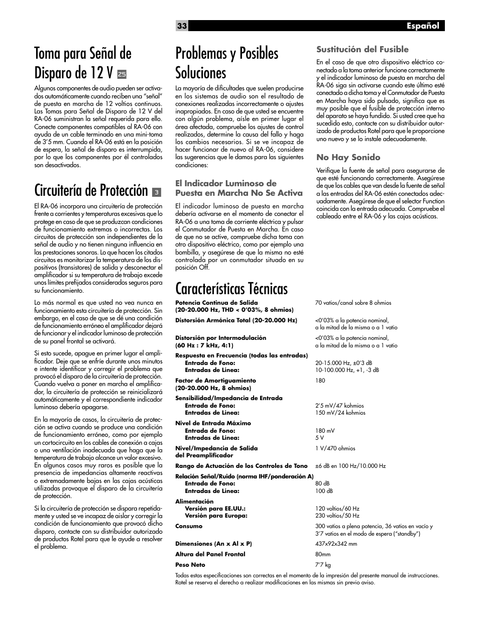 Toma para señal de disparo de 12 v, Circuitería de protección, Problemas y posibles soluciones | Características técnicas, Sustitución del fusible, No hay sonido, Español | ROTEL RA-06 User Manual | Page 33 / 56