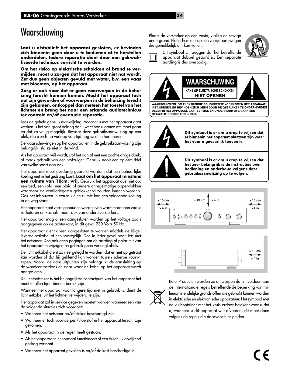 Waarschuwing | ROTEL RA-06 User Manual | Page 34 / 56