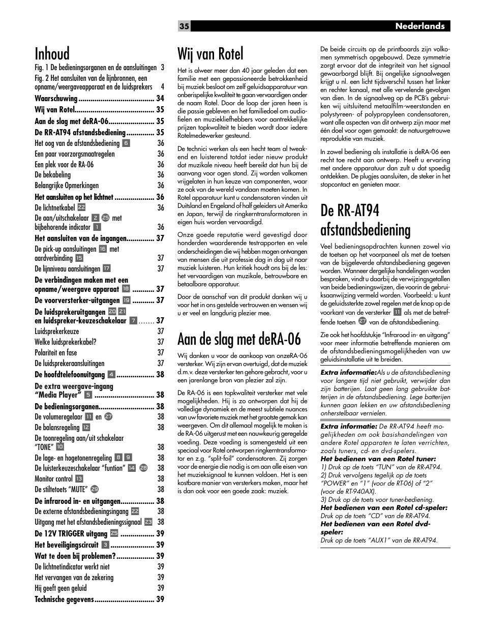 Wij van rotel, Aan de slag met dera-06, De rr-at94 afstandsbediening | Inhoud | ROTEL RA-06 User Manual | Page 35 / 56