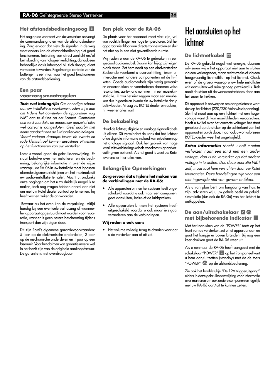 Het aansluiten op het lichtnet | ROTEL RA-06 User Manual | Page 36 / 56