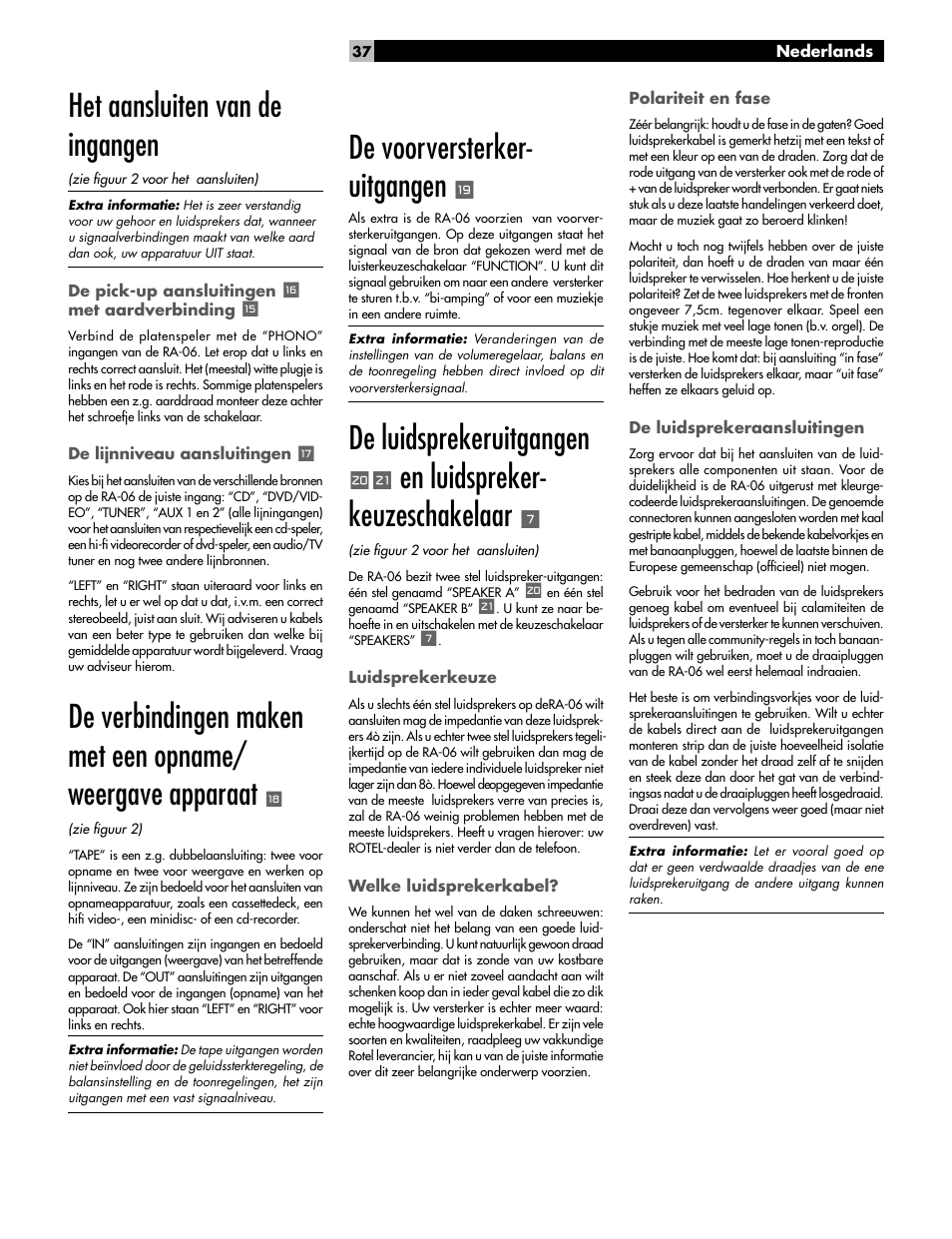 Het aansluiten van de ingangen, De voorversterker- uitgangen, De luidsprekeruitgangen | En luidspreker- keuzeschakelaar | ROTEL RA-06 User Manual | Page 37 / 56