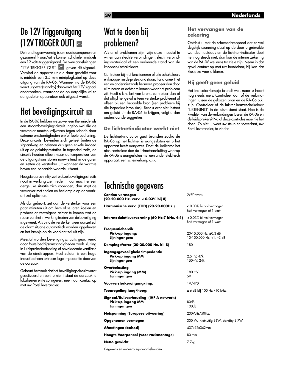 De 12v triggeruitgang (12v trigger out), Het beveiligingscircuit, Technische gegevens | Wat te doen bij problemen | ROTEL RA-06 User Manual | Page 39 / 56