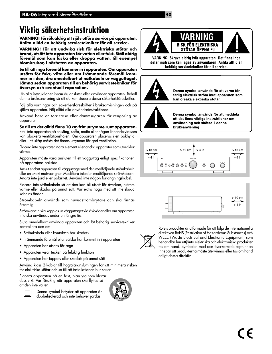 Viktig säkerhetsinstruktion | ROTEL RA-06 User Manual | Page 40 / 56