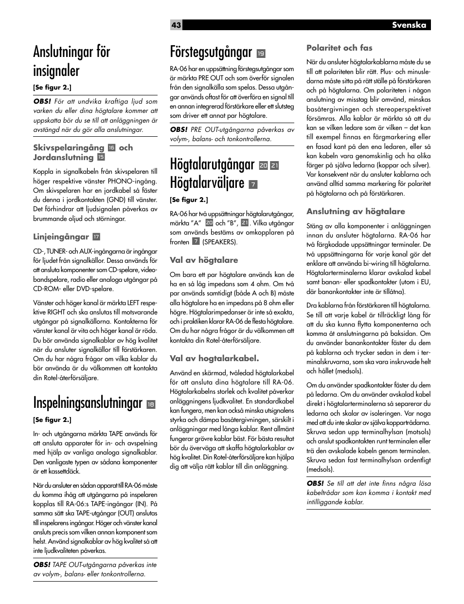 Anslutningar för insignaler, Inspelningsanslutningar, Förstegsutgångar | Högtalarutgångar, Högtalarväljare | ROTEL RA-06 User Manual | Page 43 / 56