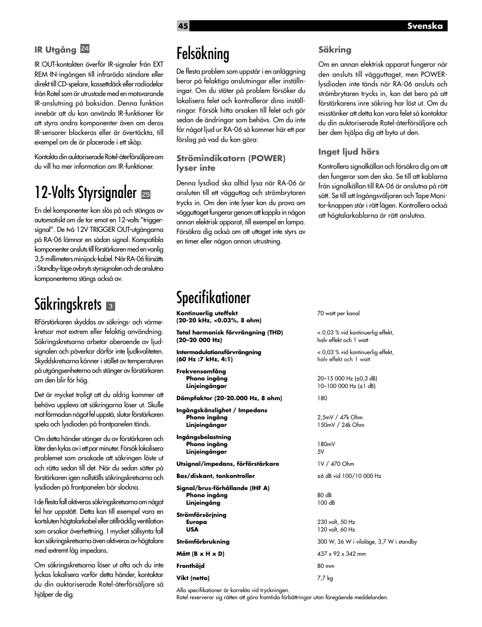 Volts styrsignaler, Säkringskrets, Felsökning | Specifi kationer | ROTEL RA-06 User Manual | Page 45 / 56