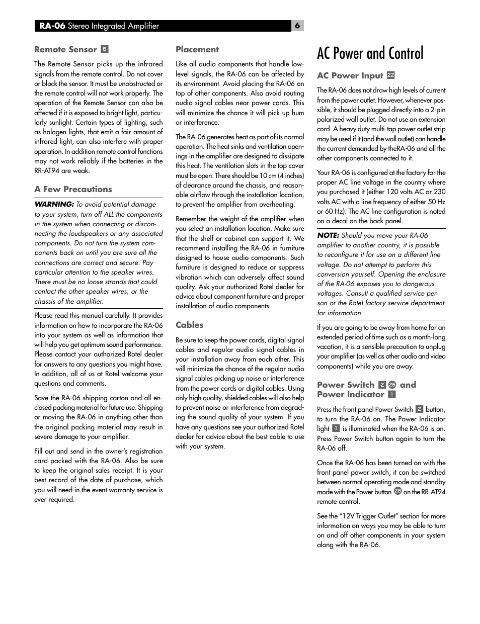 Ac power and control | ROTEL RA-06 User Manual | Page 6 / 56