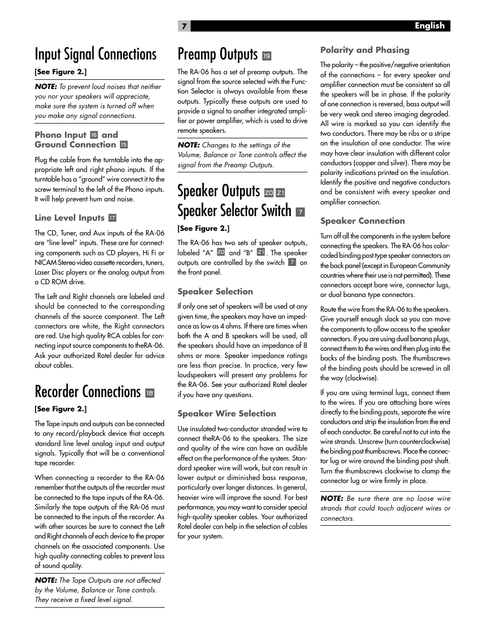 Input signal connections, Recorder connections, Preamp outputs | Speaker outputs, Speaker selector switch | ROTEL RA-06 User Manual | Page 7 / 56