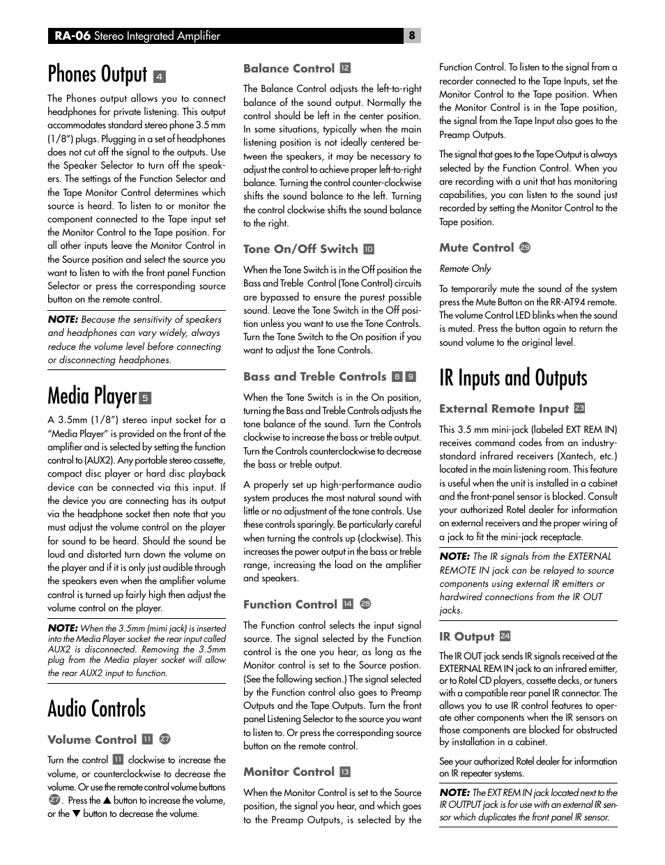 Phones output, Media player, Audio controls | Ir inputs and outputs | ROTEL RA-06 User Manual | Page 8 / 56