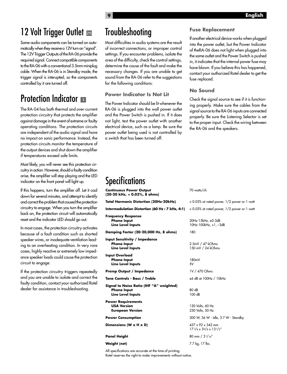 12 volt trigger outlet, Protection indicator, Troubleshooting | Specifi cations, Power indicator is not lit, Fuse replacement, No sound, English | ROTEL RA-06 User Manual | Page 9 / 56