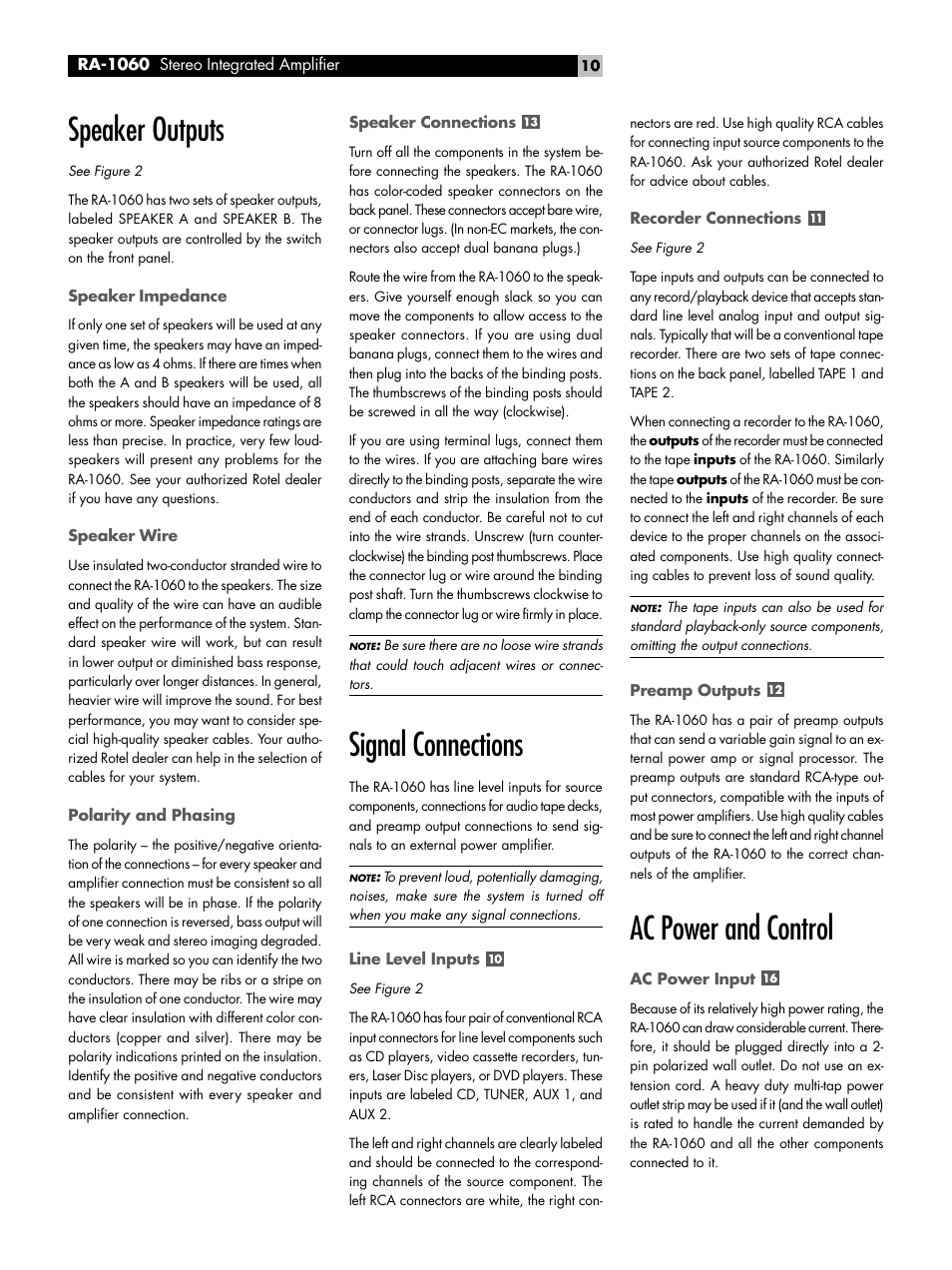 Speaker outputs, Ac power and control, Signal connections | ROTEL RA-1060 User Manual | Page 10 / 40