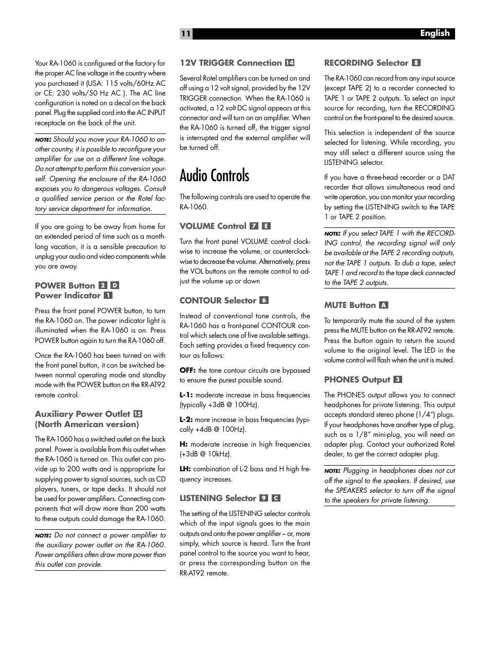 Audio controls | ROTEL RA-1060 User Manual | Page 11 / 40
