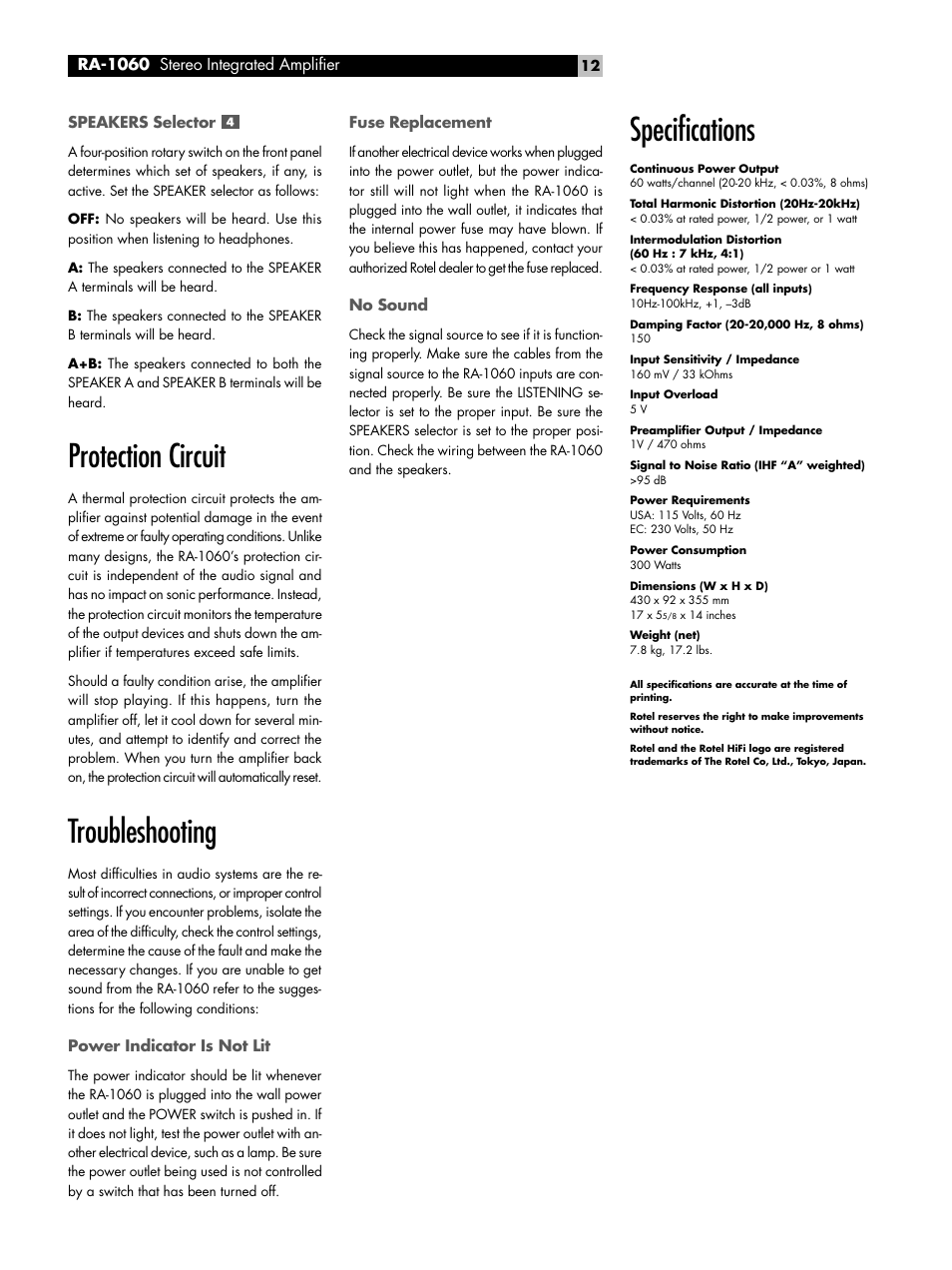 Protection circuit, Troubleshooting, Specifications | ROTEL RA-1060 User Manual | Page 12 / 40