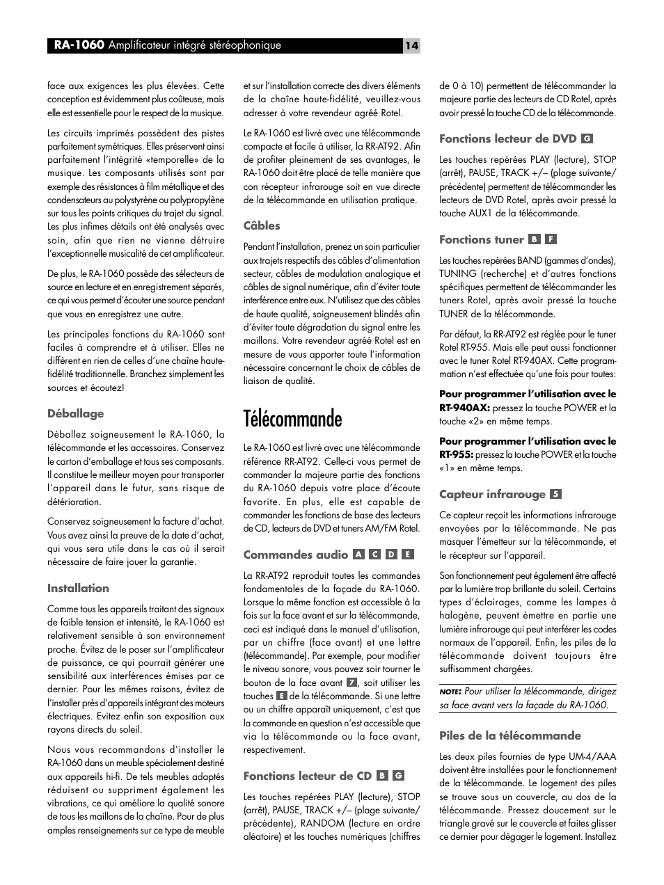 Télécommande | ROTEL RA-1060 User Manual | Page 14 / 40