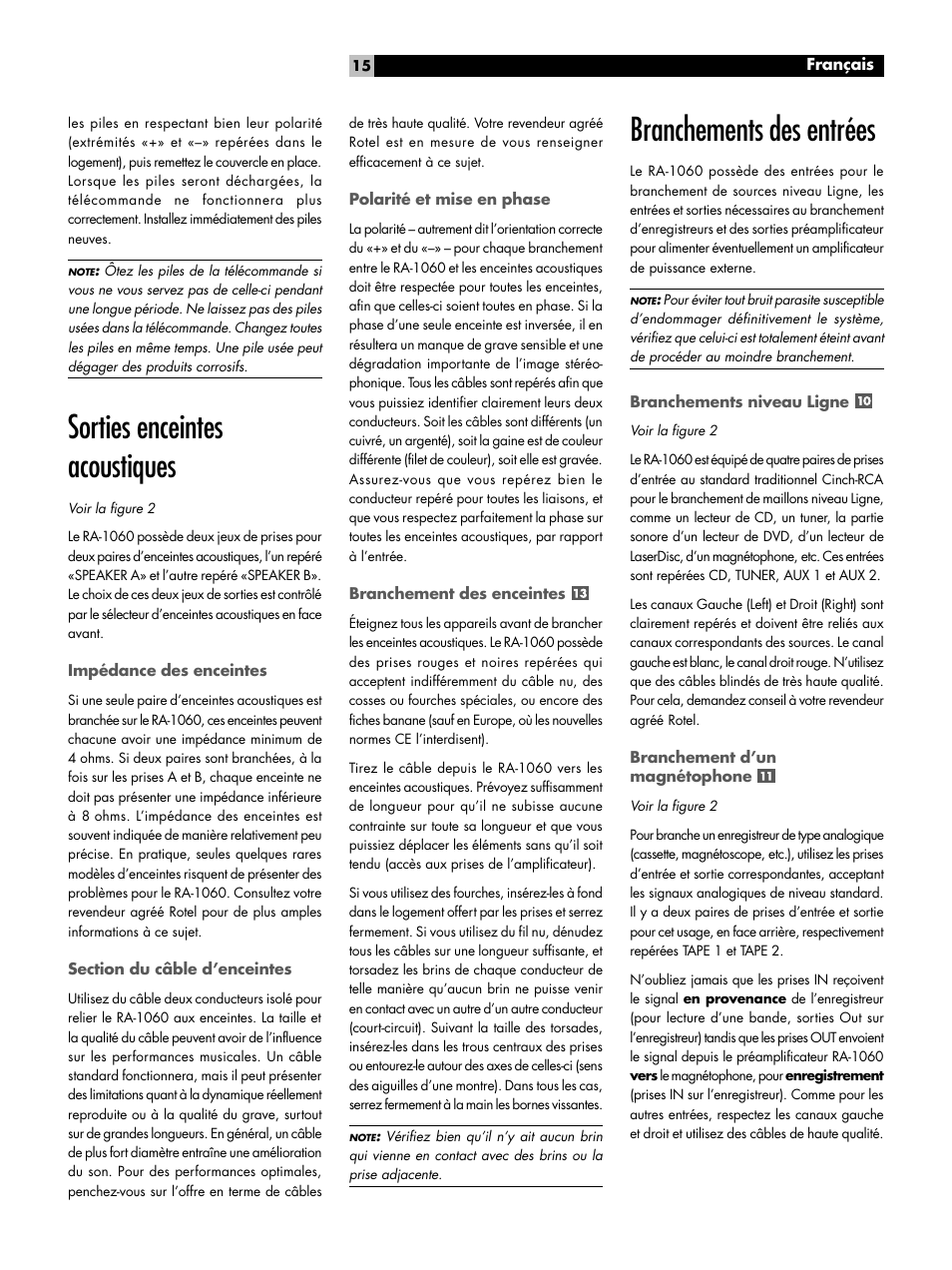 Sorties enceintes acoustiques, Branchements des entrées | ROTEL RA-1060 User Manual | Page 15 / 40
