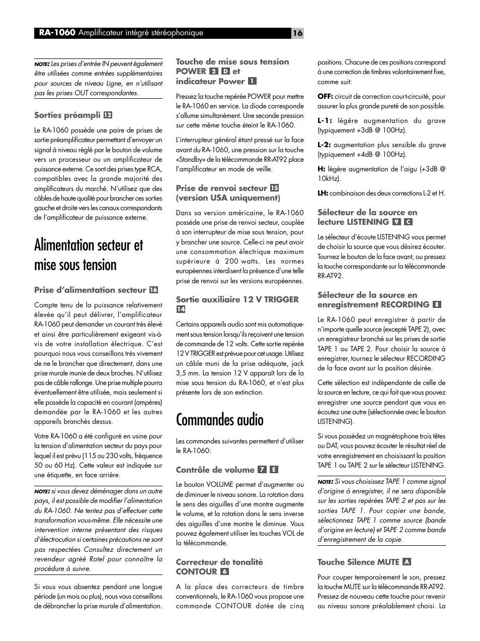 Alimentation secteur et mise sous tension, Commandes audio | ROTEL RA-1060 User Manual | Page 16 / 40