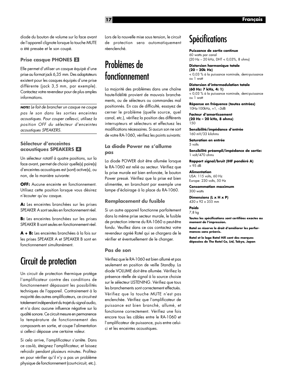 Circuit de protection, Problèmes de fonctionnement, Spécifications | ROTEL RA-1060 User Manual | Page 17 / 40