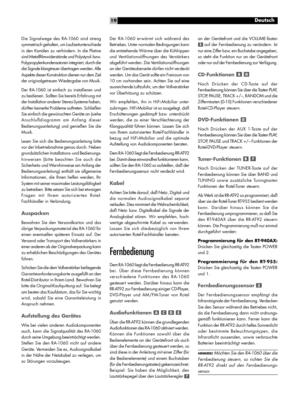 Fernbedienung | ROTEL RA-1060 User Manual | Page 19 / 40