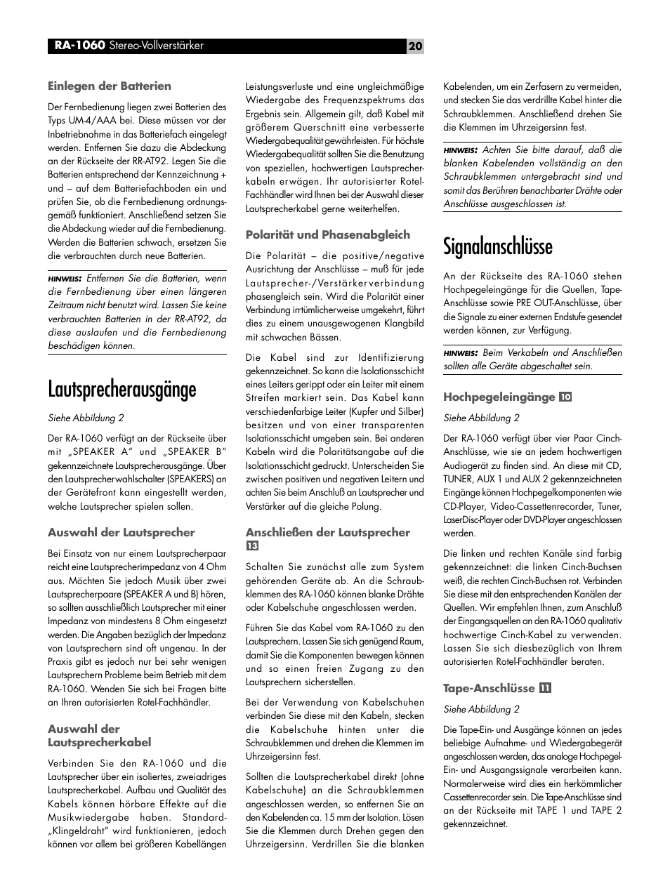 Lautsprecherausgänge, Signalanschlüsse | ROTEL RA-1060 User Manual | Page 20 / 40