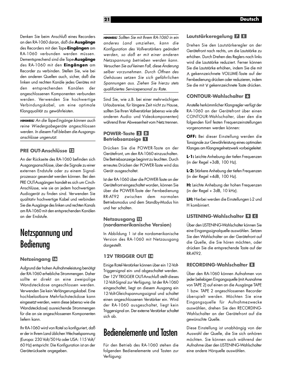 Netzspannung und bedienung, Bedienelemente und tasten | ROTEL RA-1060 User Manual | Page 21 / 40