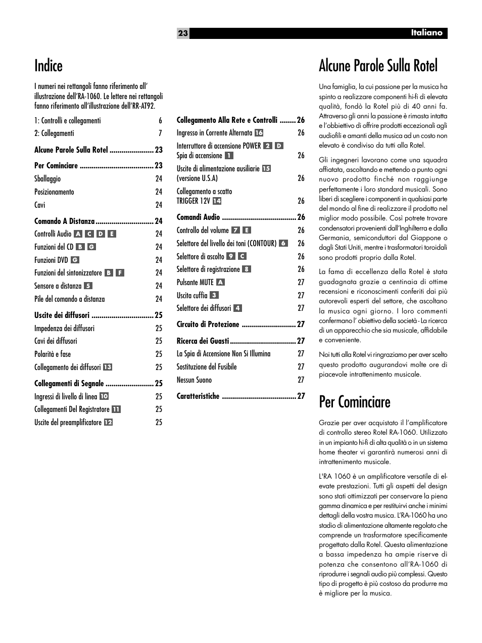Alcune parole sulla rotel, Per cominciare, Indice | ROTEL RA-1060 User Manual | Page 23 / 40