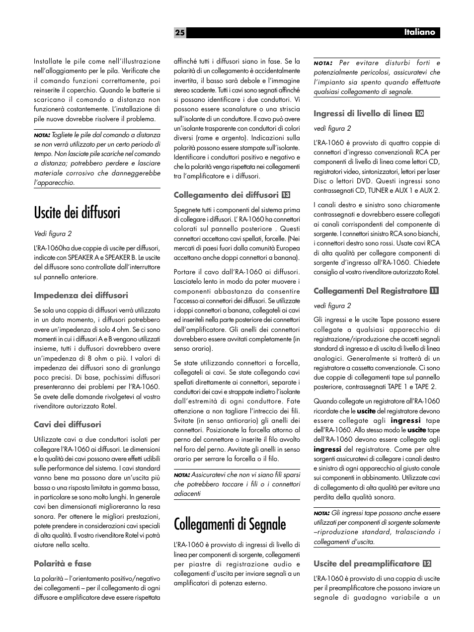 Uscite dei diffusori, Collegamenti di segnale | ROTEL RA-1060 User Manual | Page 25 / 40
