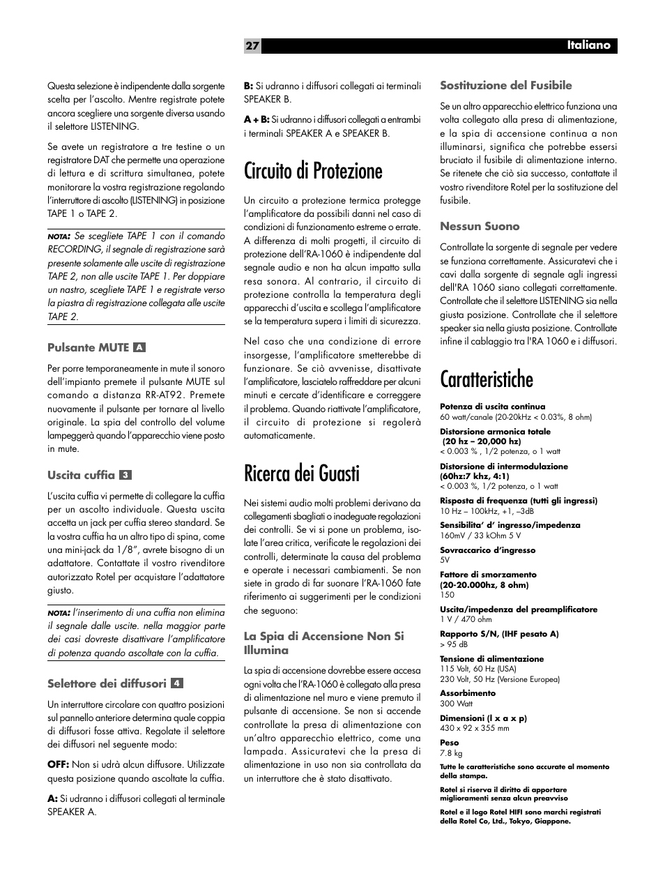 Circuito di protezione, Ricerca dei guasti, Caratteristiche | ROTEL RA-1060 User Manual | Page 27 / 40