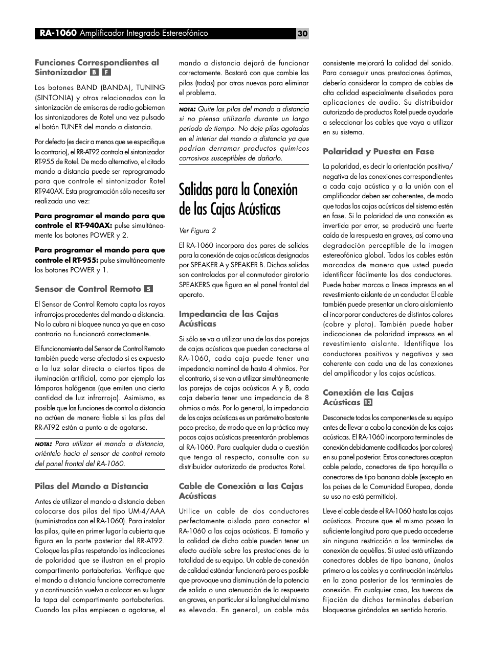 Salidas para la conexión de las cajas acústicas | ROTEL RA-1060 User Manual | Page 30 / 40
