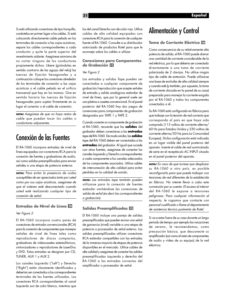 Conexión de las fuentes, Alimentación y control | ROTEL RA-1060 User Manual | Page 31 / 40
