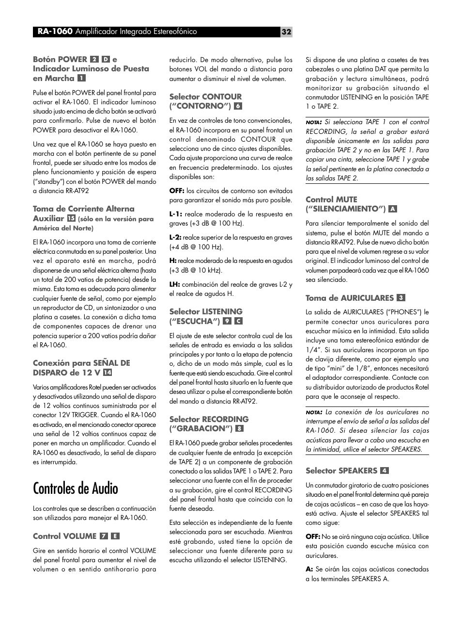 Controles de audio | ROTEL RA-1060 User Manual | Page 32 / 40