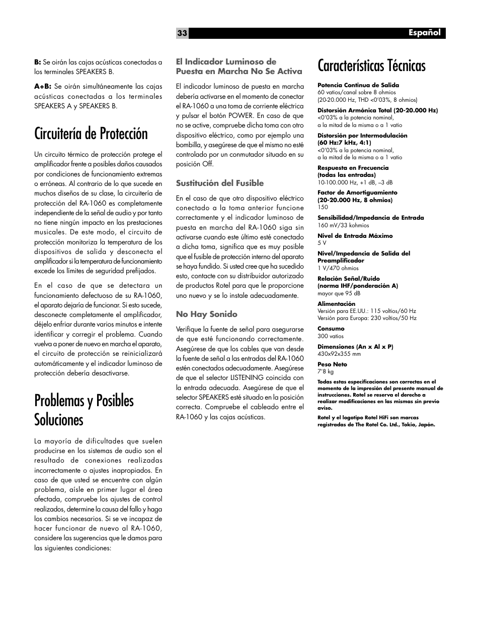 Circuitería de protección, Problemas y posibles soluciones, Características técnicas | ROTEL RA-1060 User Manual | Page 33 / 40