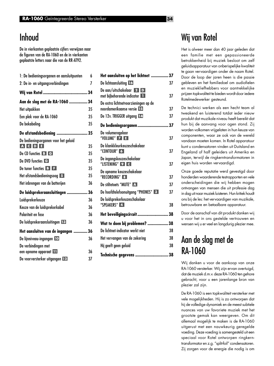 Wij van rotel, Aan de slag met de ra-1060, Inhoud | ROTEL RA-1060 User Manual | Page 34 / 40