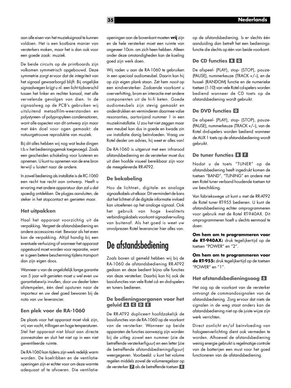 De afstandsbediening | ROTEL RA-1060 User Manual | Page 35 / 40
