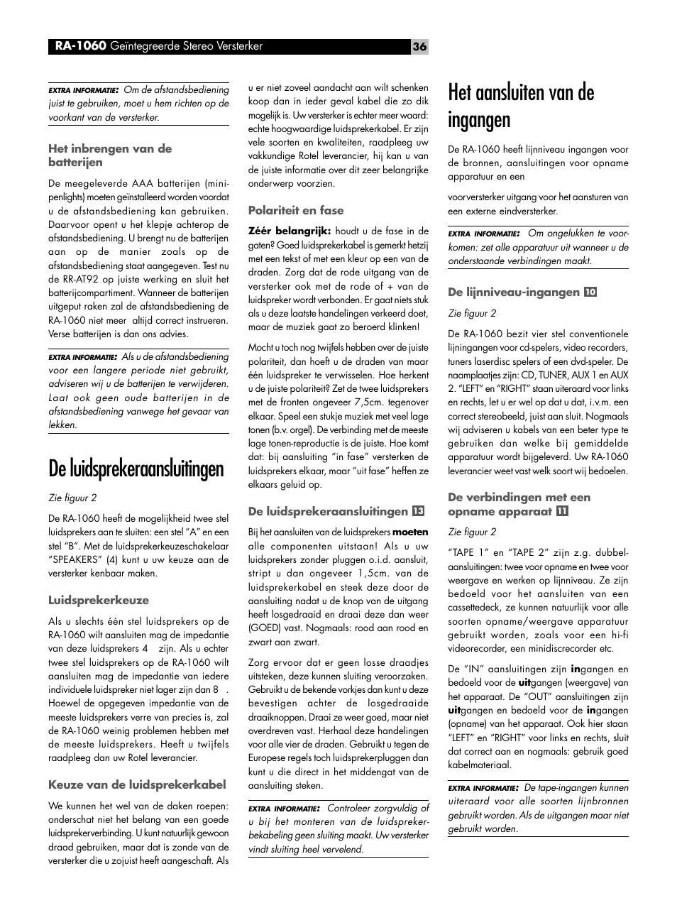 De luidsprekeraansluitingen, Het aansluiten van de ingangen | ROTEL RA-1060 User Manual | Page 36 / 40